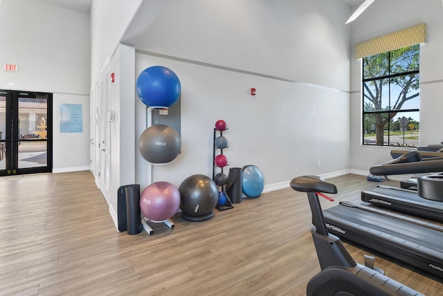 exercise room with light hardwood / wood-style flooring and a high ceiling