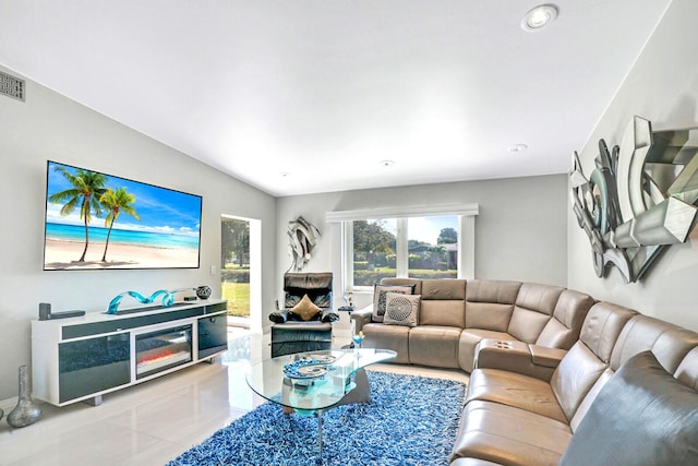 6140 Kings Gate Cir, Delray Beach, FL 33484 - living room with recessed lighting, vaulted ceiling, and tile patterned flooring