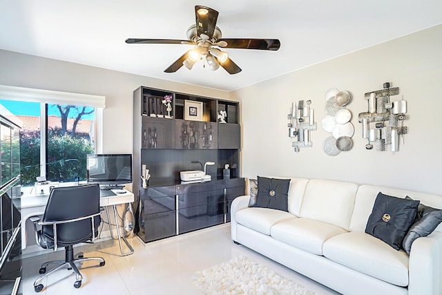 tiled office with ceiling fan