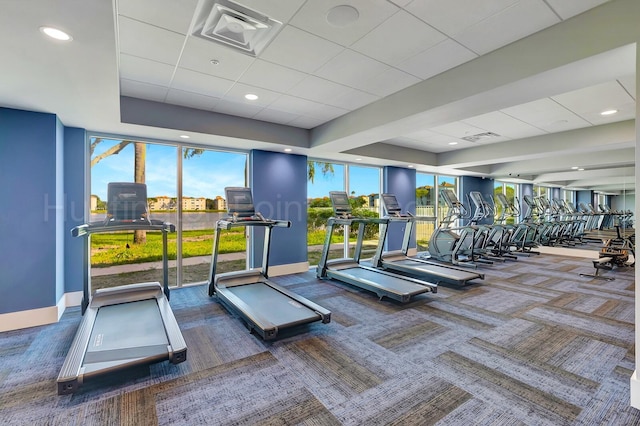 gym with a wall of windows and carpet flooring