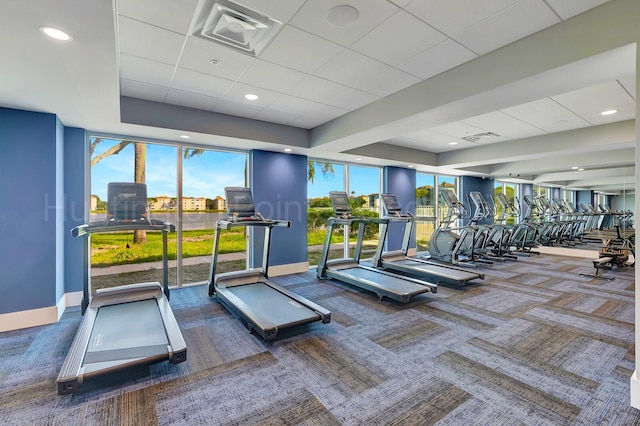 6140 Kings Gate Cir, Delray Beach, FL 33484 - gym with carpet flooring, a tray ceiling, healthy amount of natural light, and baseboards
