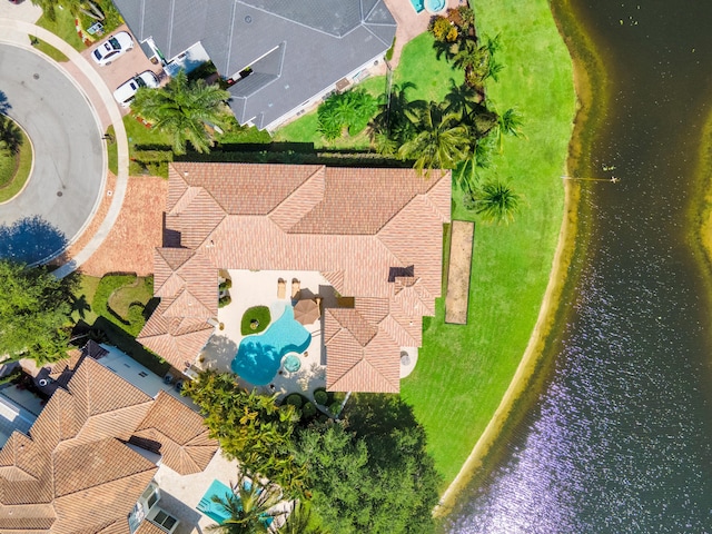 aerial view featuring a water view