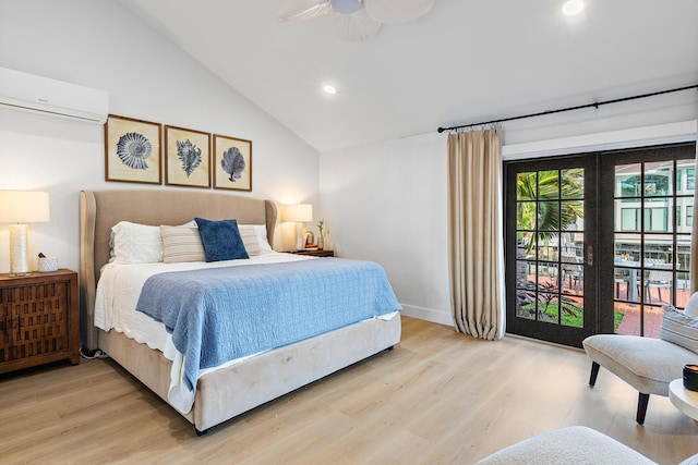 bedroom featuring light wood-type flooring, access to outside, ceiling fan, an AC wall unit, and lofted ceiling