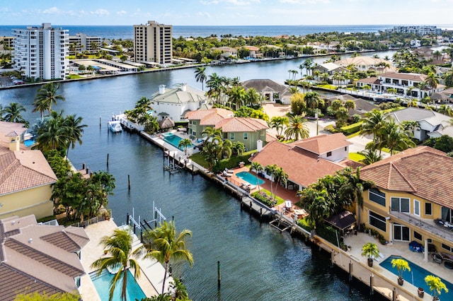 drone / aerial view with a water view