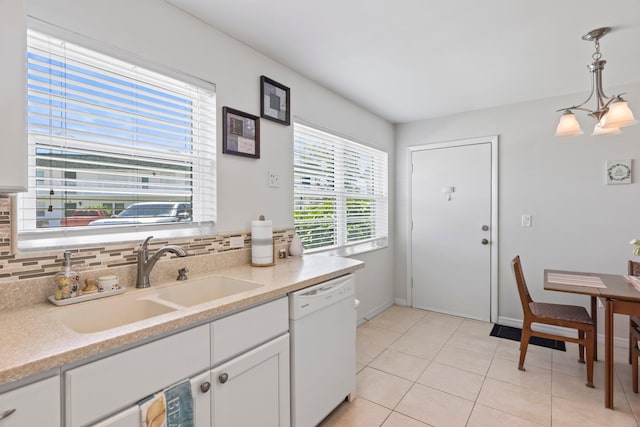 kitchen featuring white cabinetry, dishwasher, sink, pendant lighting, and decorative backsplash