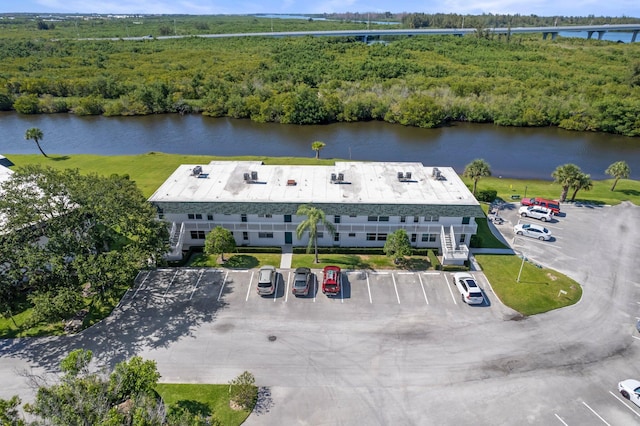 bird's eye view with a water view