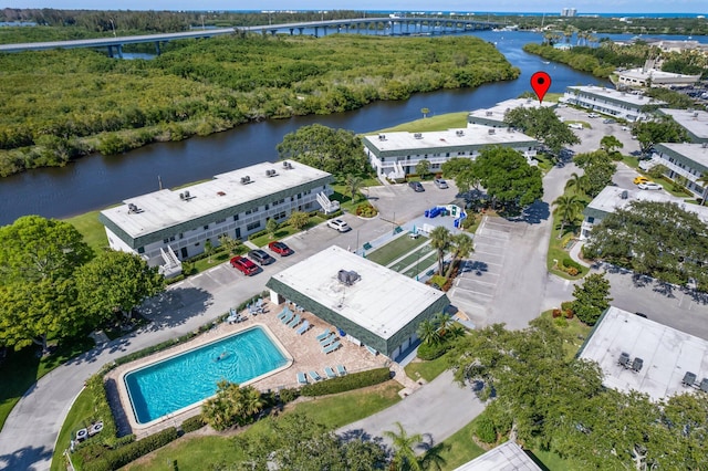 drone / aerial view featuring a water view