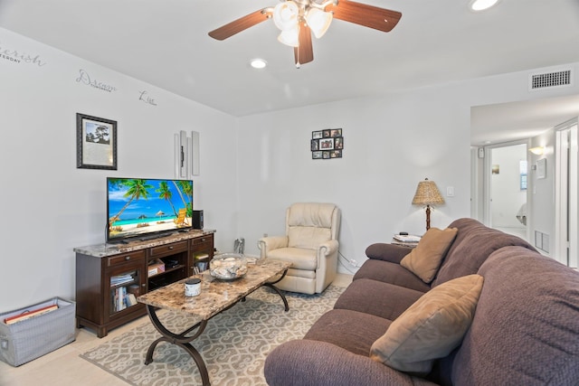 living room with ceiling fan