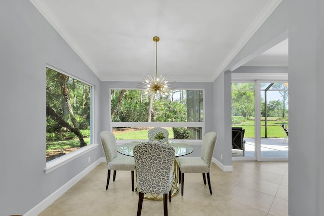 tiled dining space with a notable chandelier, lofted ceiling, and ornamental molding