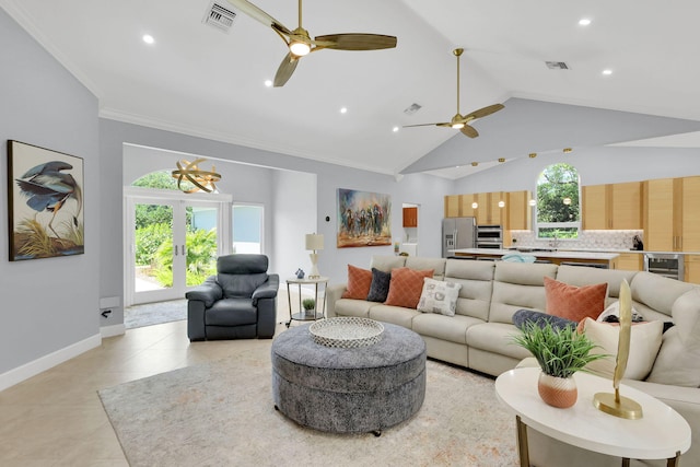 tiled living room featuring french doors, beverage cooler, vaulted ceiling, and ornamental molding