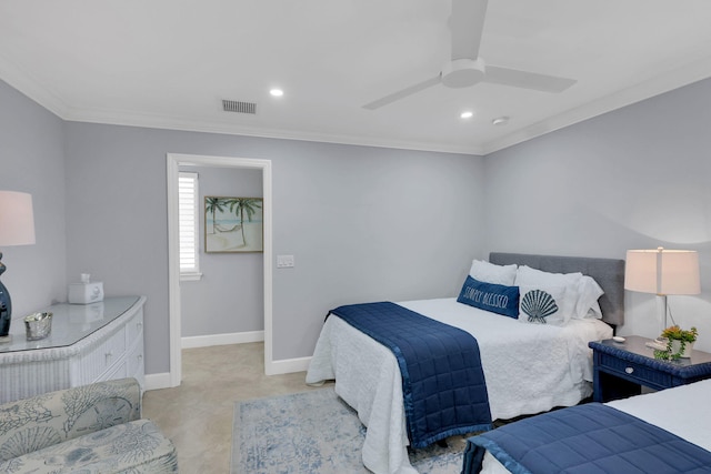 bedroom featuring ceiling fan and ornamental molding