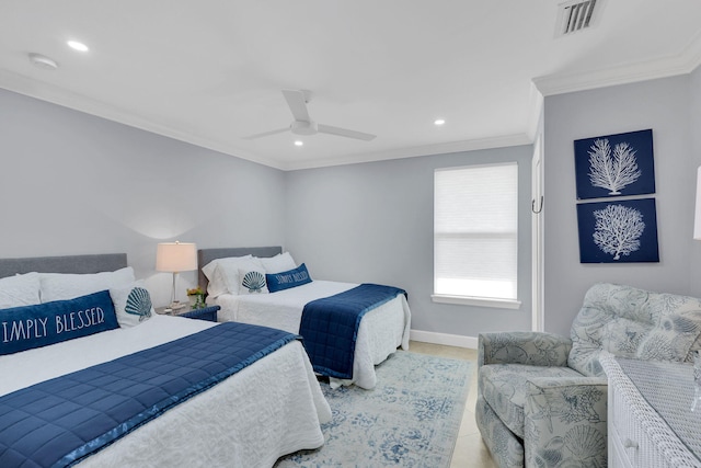 bedroom featuring ceiling fan, crown molding, and light tile patterned floors