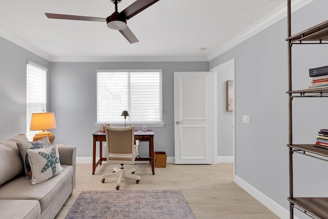 office space featuring plenty of natural light, light hardwood / wood-style floors, and crown molding