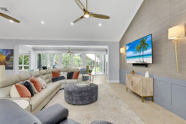 tiled living room with crown molding and vaulted ceiling