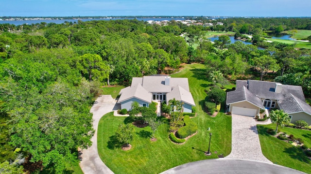 aerial view featuring a water view