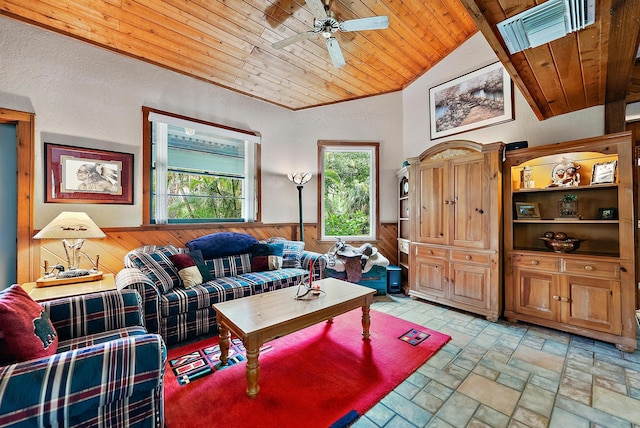 living room featuring ceiling fan, wooden walls, wood ceiling, and lofted ceiling