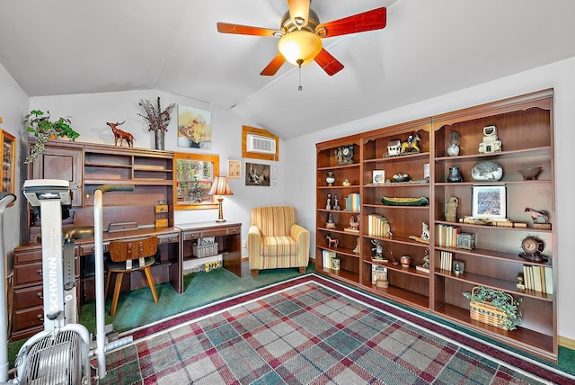 office space featuring ceiling fan, dark carpet, an AC wall unit, and vaulted ceiling