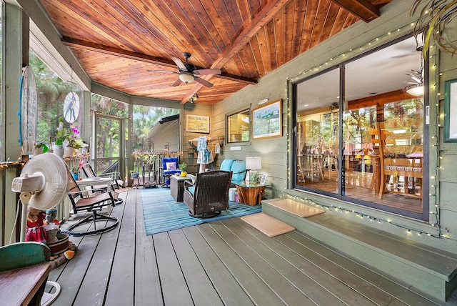 sunroom with ceiling fan, beam ceiling, and wood ceiling