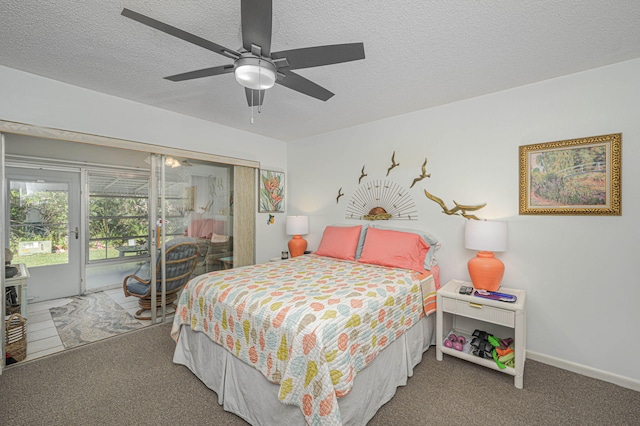 bedroom featuring carpet flooring, ceiling fan, access to exterior, and a textured ceiling