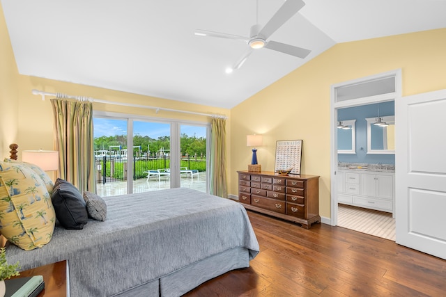 bedroom with connected bathroom, dark hardwood / wood-style flooring, access to outside, vaulted ceiling, and ceiling fan