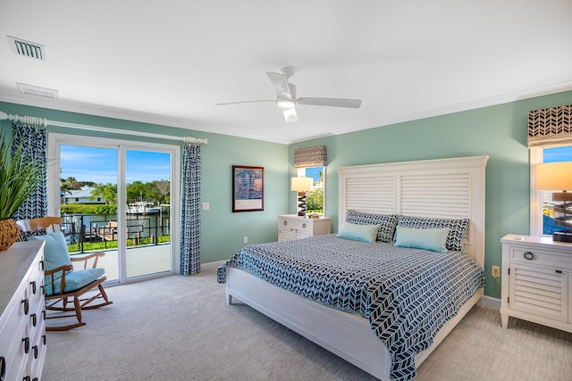 bedroom featuring light carpet, access to exterior, ceiling fan, and crown molding