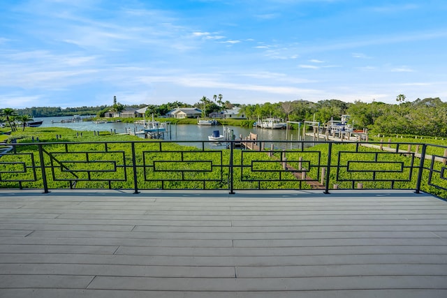 deck featuring a dock and a water view