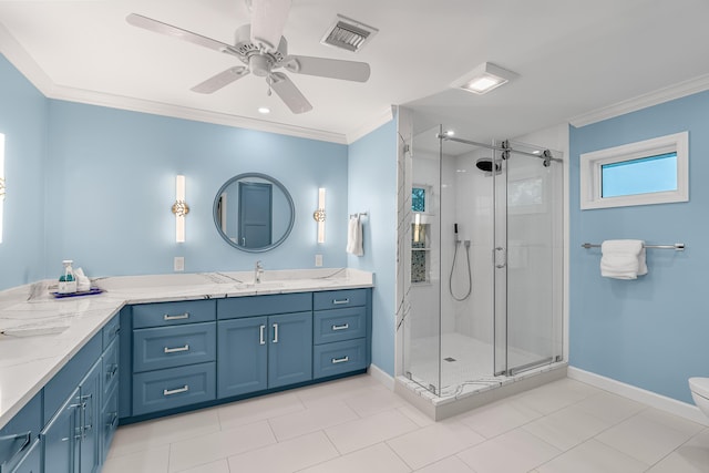 bathroom with crown molding, an enclosed shower, ceiling fan, and vanity