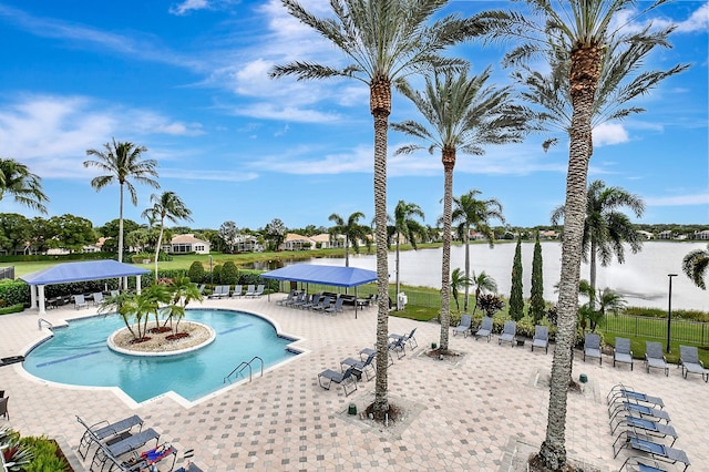 view of swimming pool with a patio and a water view