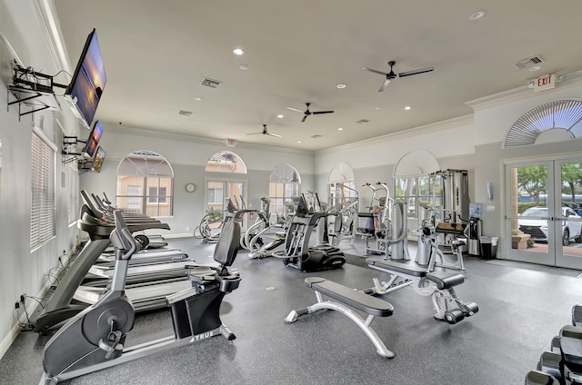 gym featuring ceiling fan, french doors, and crown molding