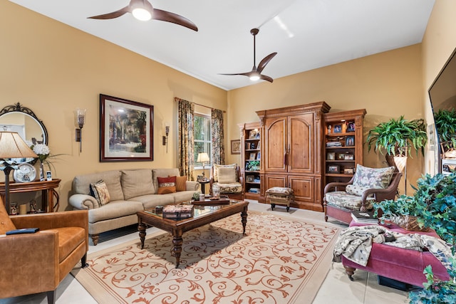 living room featuring ceiling fan