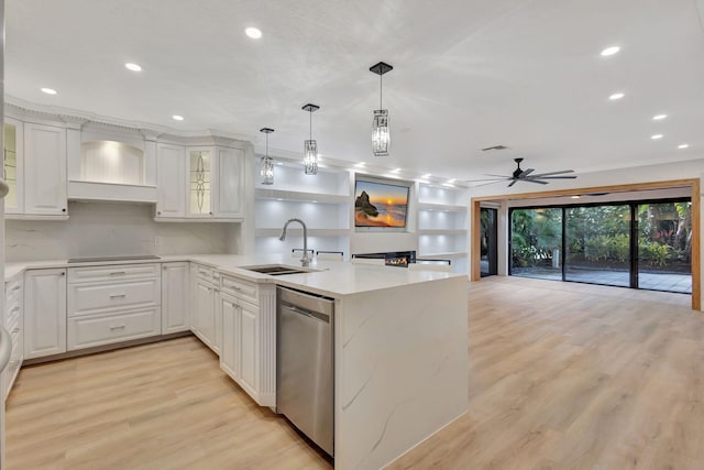 kitchen with kitchen peninsula, white cabinets, ceiling fan, pendant lighting, and dishwasher