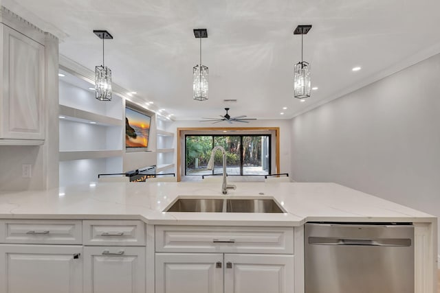 kitchen with white cabinets, sink, stainless steel dishwasher, ceiling fan, and light stone counters