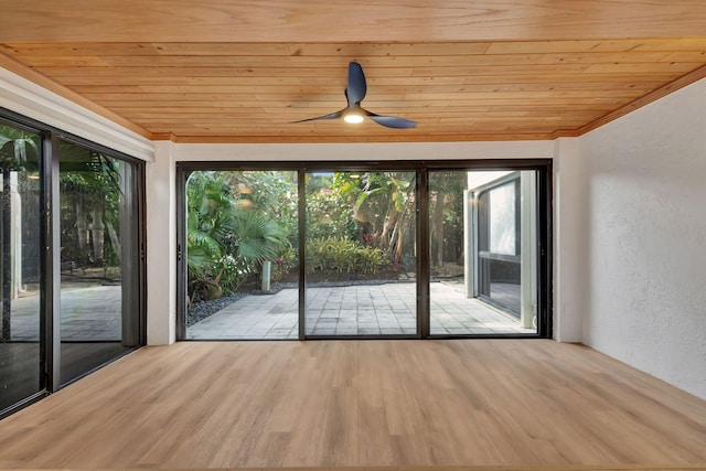 interior space featuring ceiling fan, wood ceiling, and light wood-type flooring