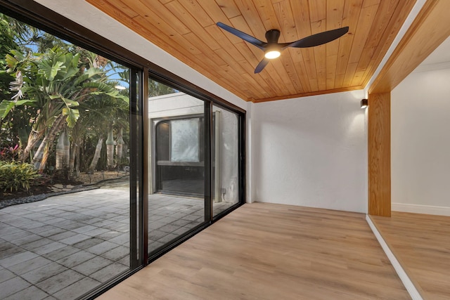 unfurnished sunroom with ceiling fan and wood ceiling