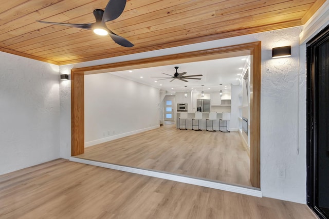 unfurnished living room featuring ceiling fan, wooden ceiling, and light hardwood / wood-style flooring