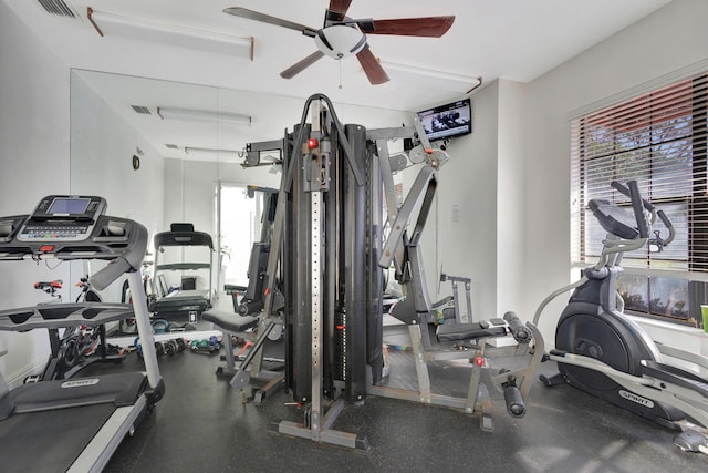 exercise room with ceiling fan and a healthy amount of sunlight