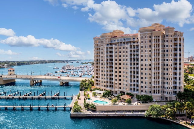 exterior space with a water view