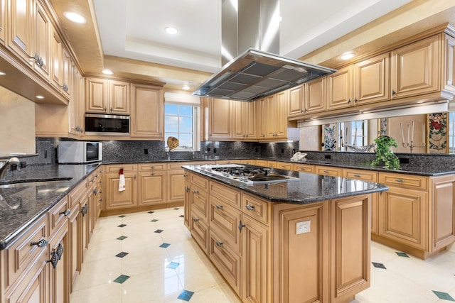 kitchen featuring decorative backsplash, island range hood, a raised ceiling, stainless steel appliances, and a center island