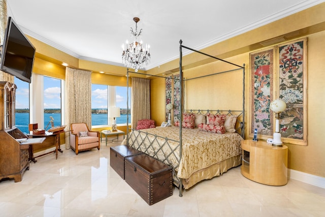 bedroom featuring crown molding and an inviting chandelier