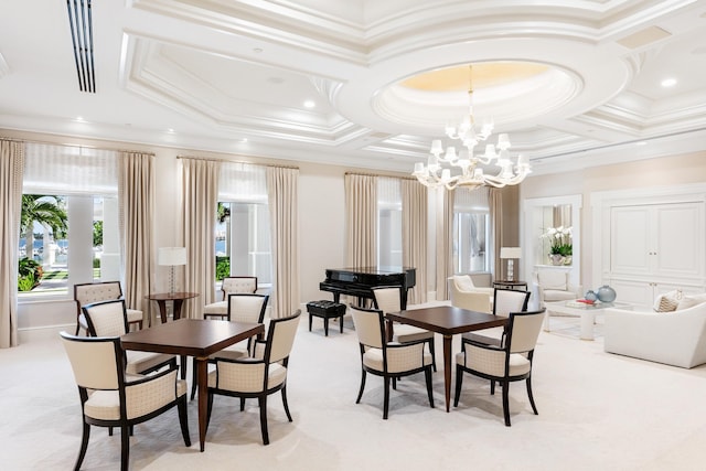 dining space featuring light carpet, an inviting chandelier, crown molding, and coffered ceiling