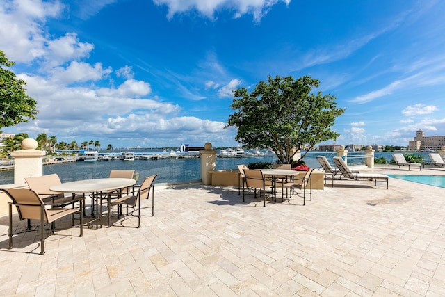 view of patio / terrace featuring a water view and a community pool