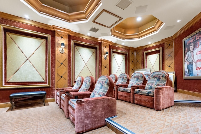 home theater room featuring crown molding and carpet