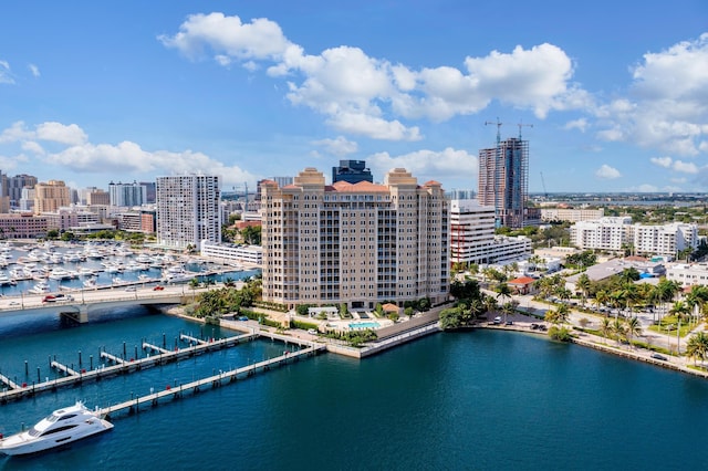 birds eye view of property featuring a water view