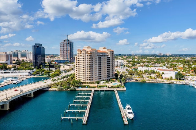 drone / aerial view with a water view