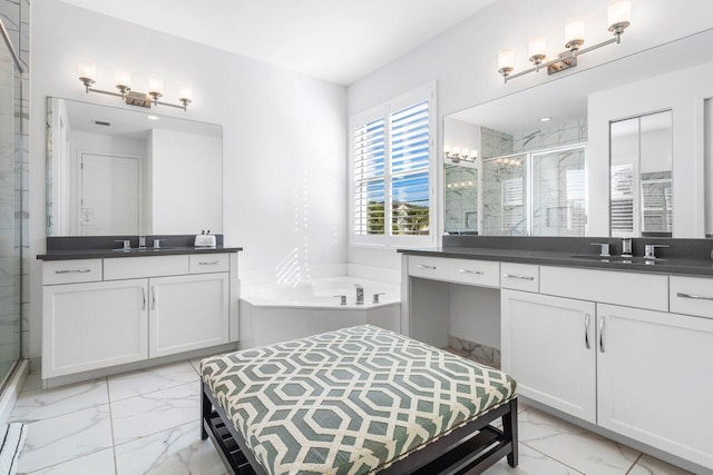 bathroom with vanity and plus walk in shower