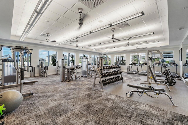 exercise room with ceiling fan