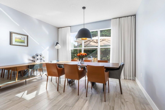 dining space with a textured ceiling and light wood-type flooring