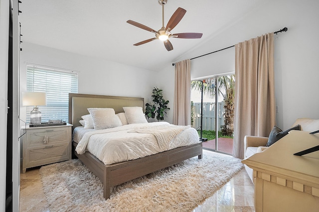 bedroom featuring access to outside, ceiling fan, and lofted ceiling