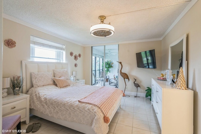 tiled bedroom featuring ornamental molding and a textured ceiling