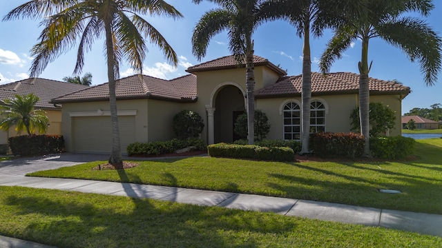 mediterranean / spanish-style home with a front yard and a garage